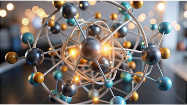 Photo a stylized 3d model of a molecular structure rotating in space with glowing atomic bonds