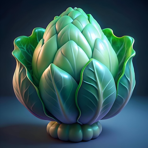 A stylized 3D rendering of a cabbage featuring a smooth geometric design and vibrant green hues