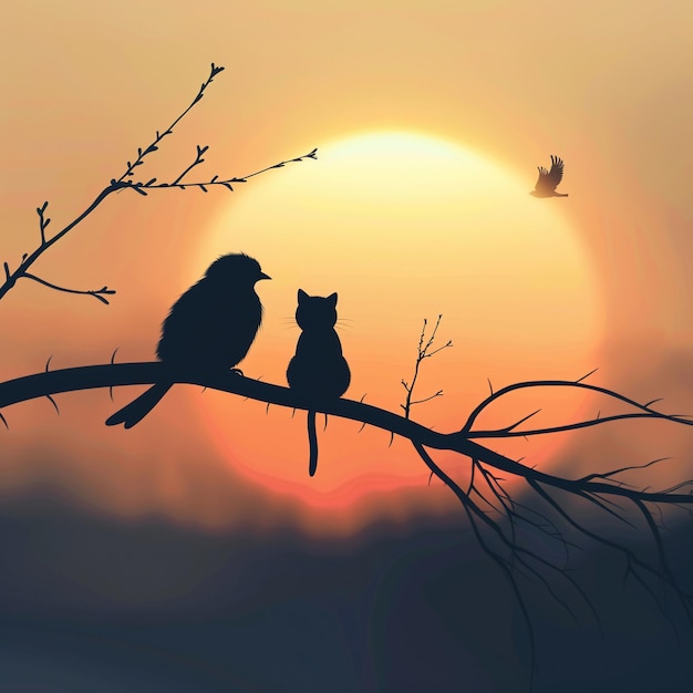 Stylized 3D vector of a bird and cat sitting together on a branch peaceful sunset background