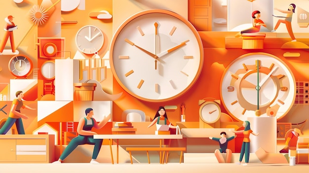 Photo stylized abstract clock with busy workplace scene in warm tones