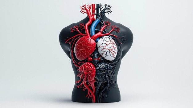 A stylized anatomical drawing of a human cardiovascular system rendered in a cartoon style