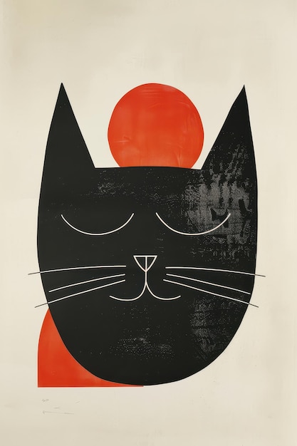 Photo stylized black cat illustration with closed eyes and a vibrant red sun behind it