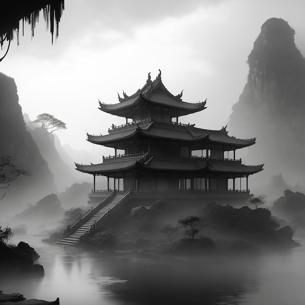 Stylized black ink wash painting of mountains in traditional oriental minimalistic Japanese style