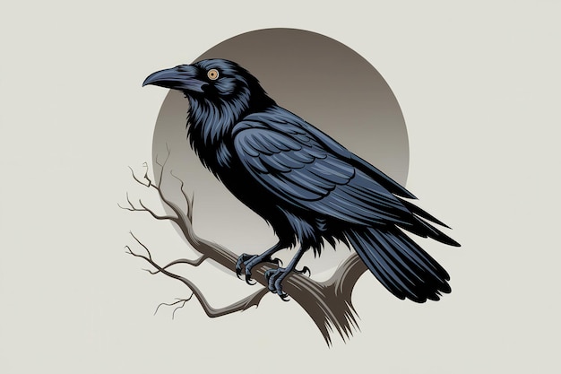 Photo stylized black raven perched branch circular background nature wildlife symbolism merchandise