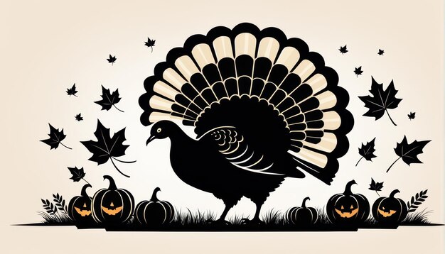 Photo a stylized black turkey with a fan shaped tail surrounded