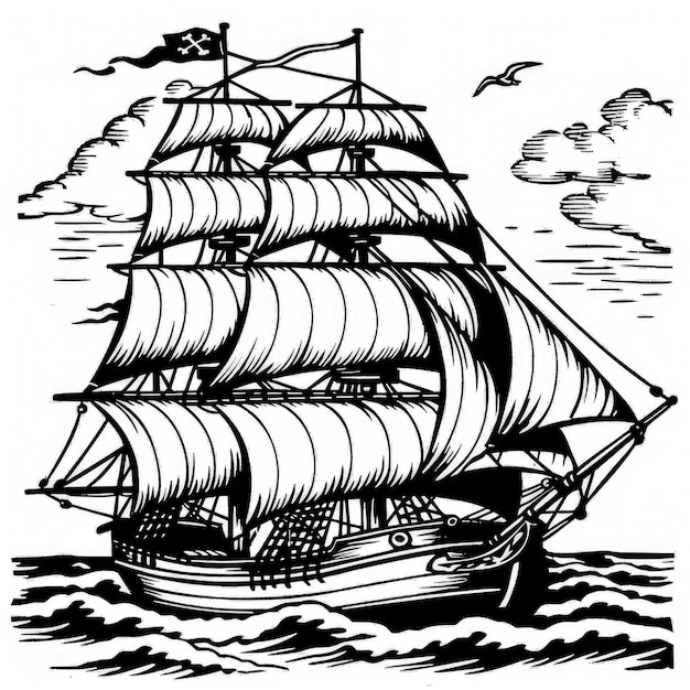 Photo stylized black and white illustration of a pirate ship with intricate details