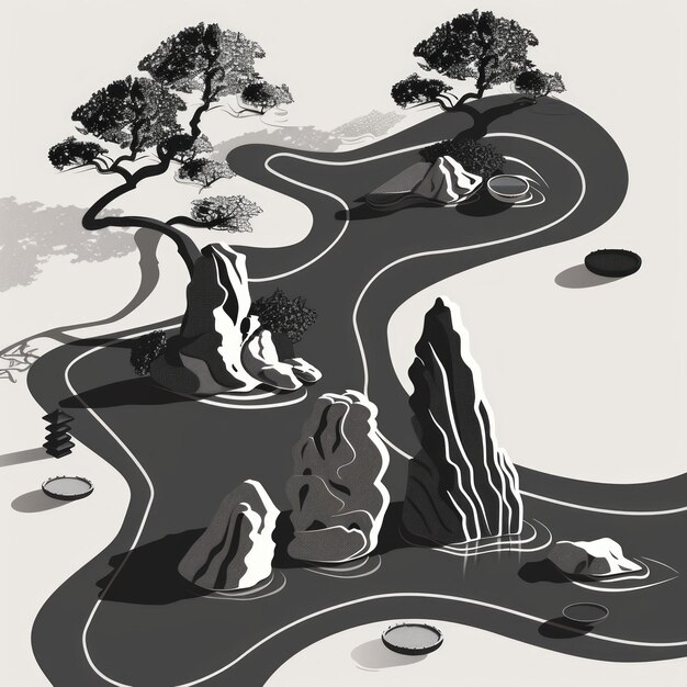 Stylized black and white zen garden design