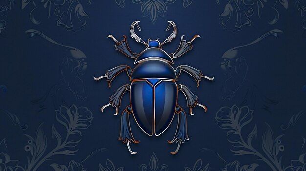 Photo a stylized blue beetle on a dark blue floral background