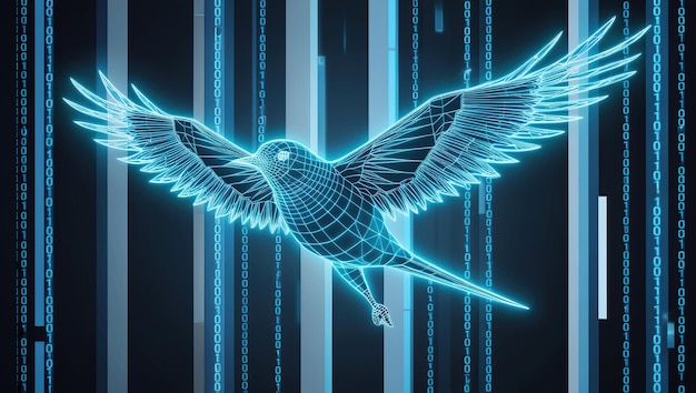 Photo a stylized blue wireframe bird flies against a background of blue binary code representing digital freedom or the concept of information flowing freely