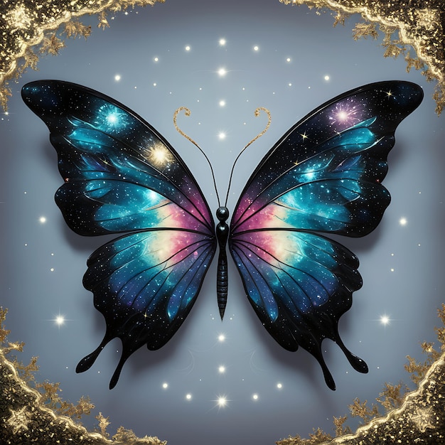 a stylized butterfly with a galaxy design on its wings surrounded by additional graphic elements