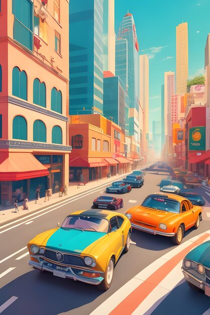 A stylized cartoon like rendering of a city street with cars of all sizes and colors racing