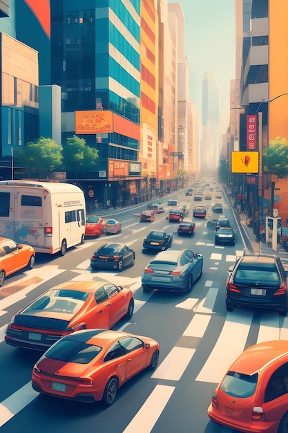 A stylized cartoon like rendering of a city street with cars of all sizes and colors racing