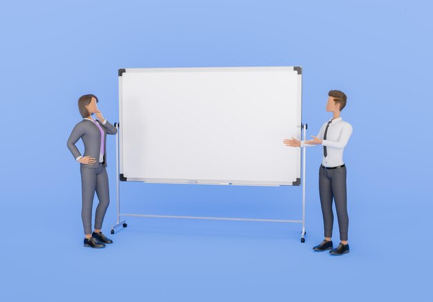 Photo stylized character business presentation with blank whiteboard on blue background