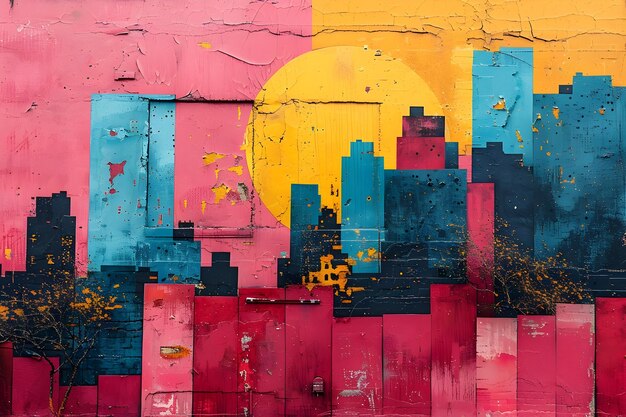 Photo stylized city view with colourful graffiti buildings