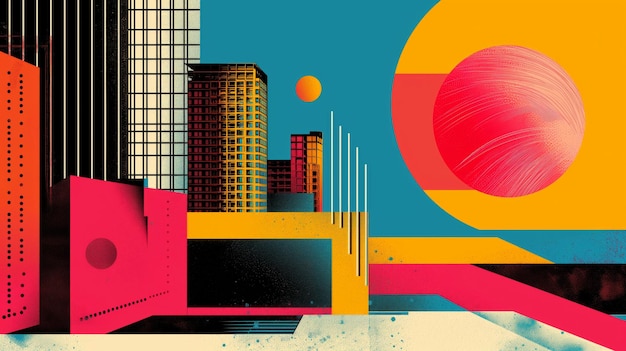 Stylized cityscape illustration with bold geometric sun