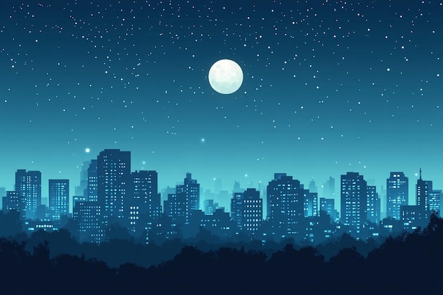 Photo a stylized cityscape at night with a full moon and stars