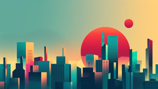 A stylized cityscape with a large red sun in the background