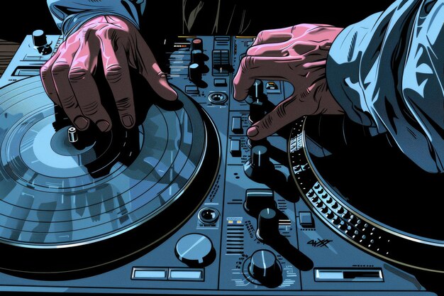 Photo stylized closeup of djs hands on turntable with dark moody lighting and vibrant colors