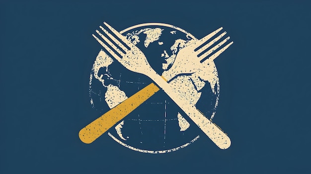 Photo stylized of crossed fork and knife over globe highlighting global hunger focus