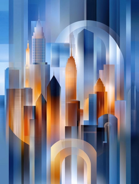 Photo a stylized depiction of a city skyline with geometric buildings and abstract lighting