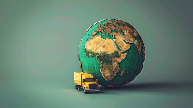 Photo stylized depiction of a globe featuring a yellow truck driving across vibrant landscapes