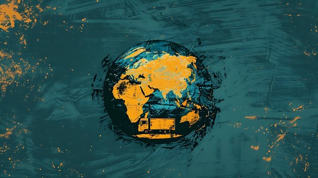 Photo stylized depiction of a globe featuring a yellow truck driving across vibrant landscapes