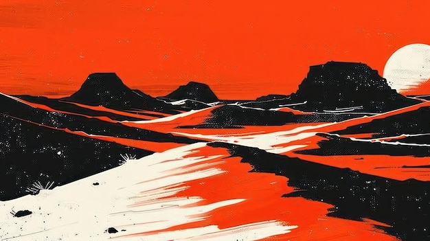 A stylized desert landscape featuring bold red and black colors with abstract formations