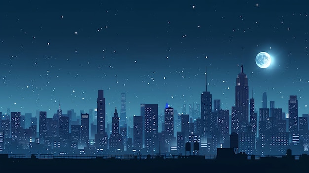 Photo a stylized digital illustration of a city skyline at night with a full moon and starry sky