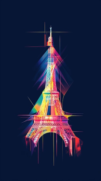 Photo stylized digital illustration of the eiffel tower reduced to minimalist geometric shapes and bold colors creating a modern emblematic representation