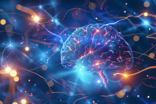 Stylized digital image of a glowing human brain with neural connections