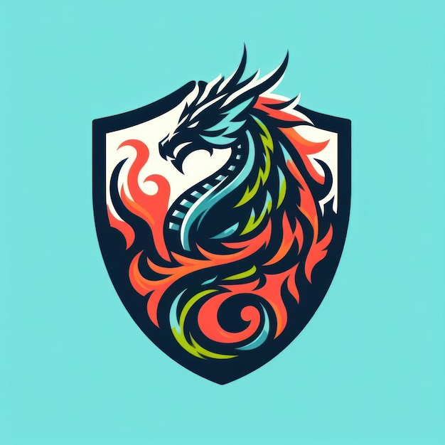 Photo a stylized dragon within a shield with fire flames