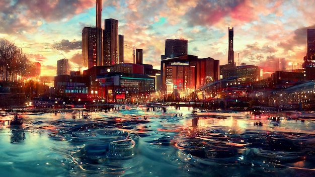 Stylized Dream City Near River Concept Art Background Image