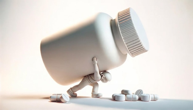 Stylized figure lifting a large huge bottle of pills banner with space for text