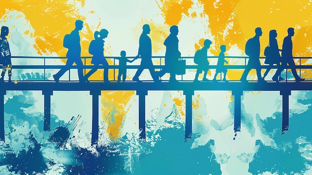 Stylized figures on a bridge evoking themes of passage and hope on a Refugee Day card