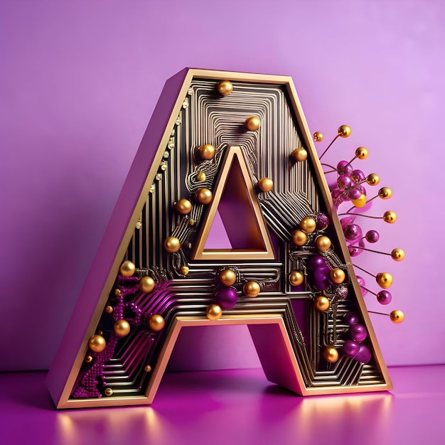 Photo a stylized futuristic letter a with a circuit board design adorned with gold and purple accents