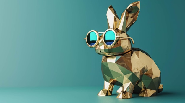 Stylized Geometric Rabbit in Gleaming Gold With Sunglasses Against A Blue Background