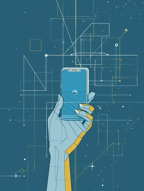 Photo a stylized hand holds a smartphone against a backdrop of geometric lines and shapes symbolizin