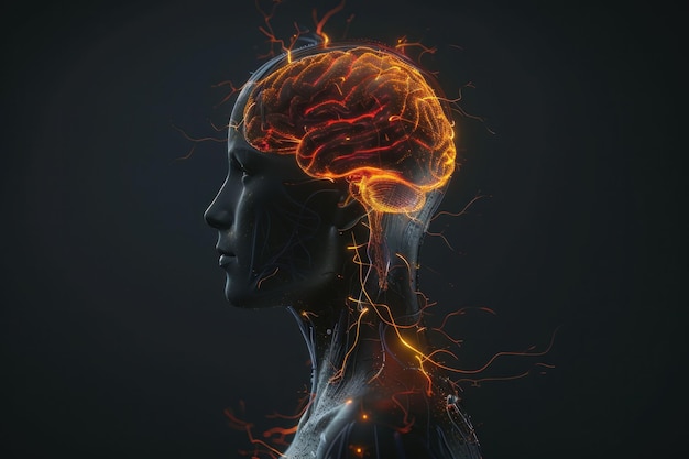 A stylized human silhouette with an illuminated brain showcasing neural connections and vibrant energy effects Dark gray background enhances the visual impact