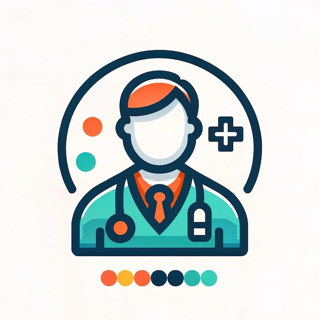 A stylized icon of a healthcare professional with a stethoscope and medical symbols