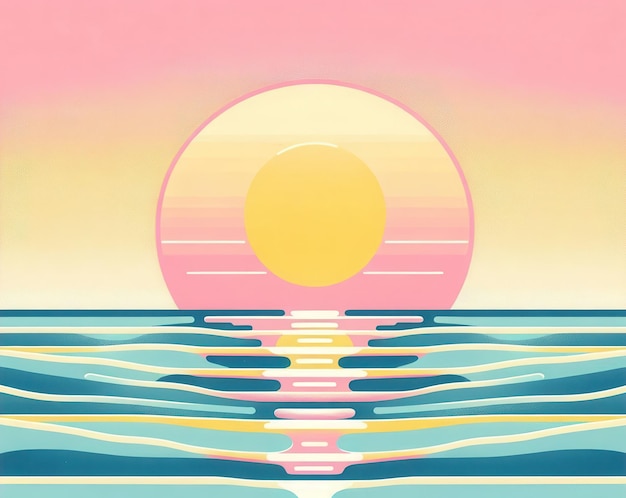 A stylized illustration of a beach scene with a pink and blue sunset The ocean is blue