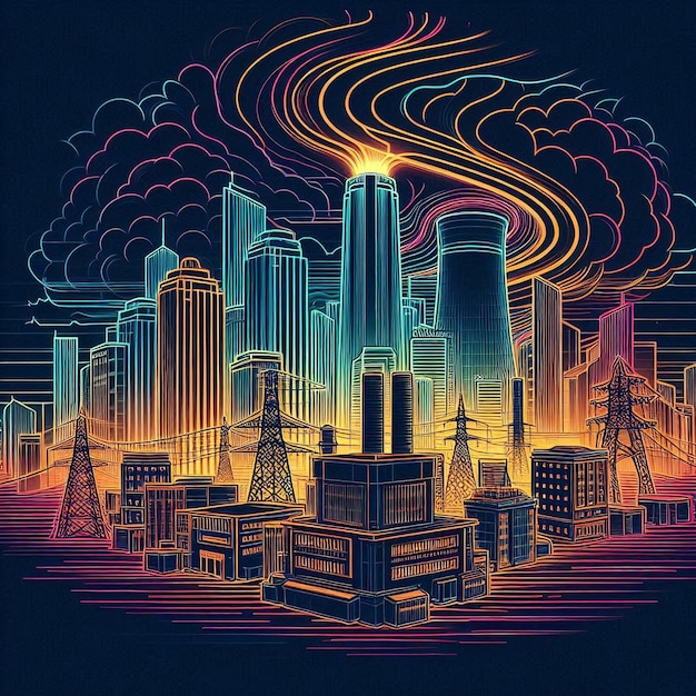 A stylized illustration of a city skyline at night