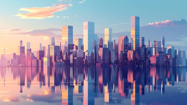 A stylized illustration of a city skyline reflected in a calm body of water at sunset