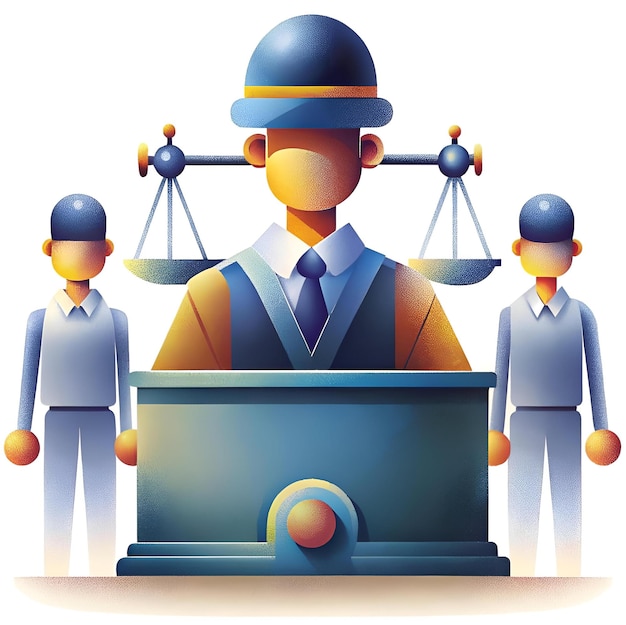 Photo a stylized illustration depicting a judge flanked by two security guards upholding justice with scales of justice balancing above his head