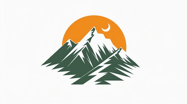 A stylized illustration of a mountain range with a large sun and a crescent moon above against a white background