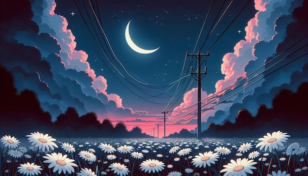 A stylized illustration of a night scene with a crescent moon and stars