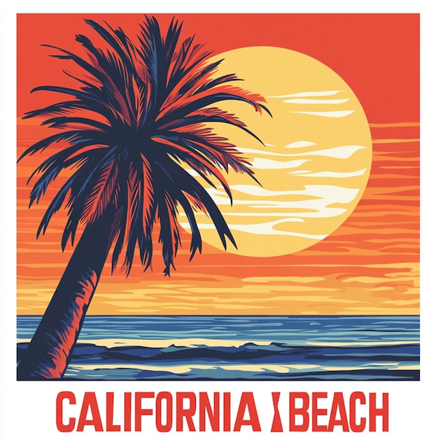 Stylized illustration of a sunset over the California ocean