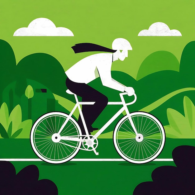 A Stylized Illustration of Sustainable Travel Riding a Bike Through Lush Greens