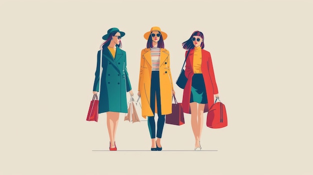 Photo stylized illustration of three fashionable women carrying shopping bags showcasing modern fashion and urban lifestyle