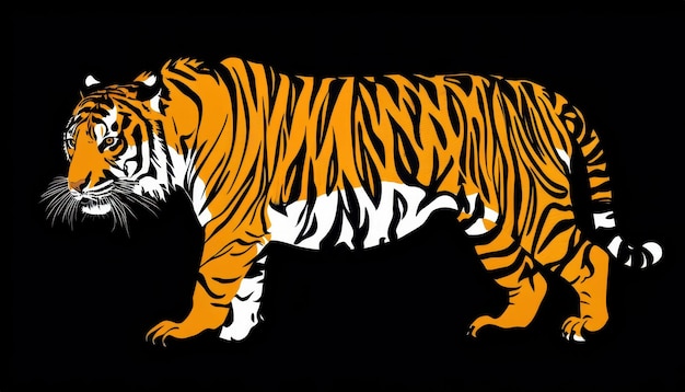 Photo a stylized illustration of a tiger with bold orange and black stripes on a black background