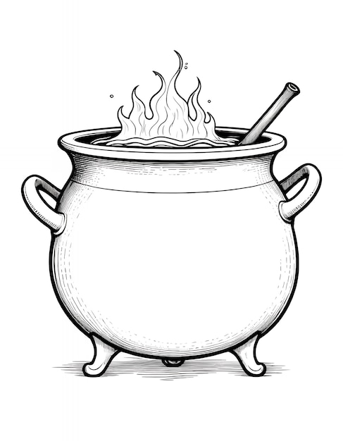 A stylized illustration of a witchs cauldron with a broomstick handle inside